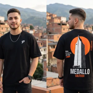 Camiseta Oversize Negra Neo Medallo Edificio Coltejer con Código QR en Tela Qatar 260gr y Tela Fría - ParcheTees