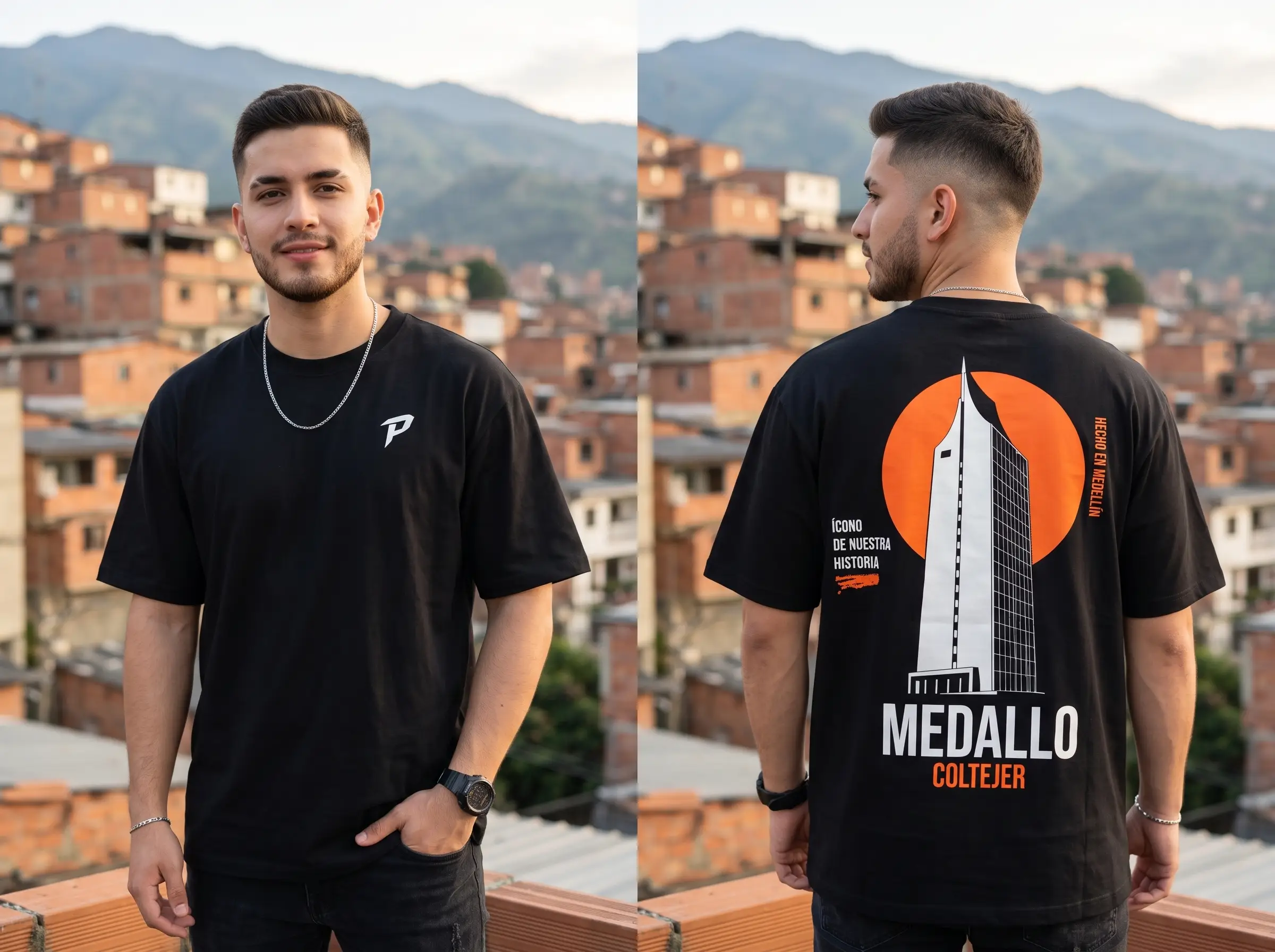 Camiseta Oversize Negra Neo Medallo Edificio Coltejer con Código QR en Tela Qatar 260gr y Tela Fría - ParcheTees
